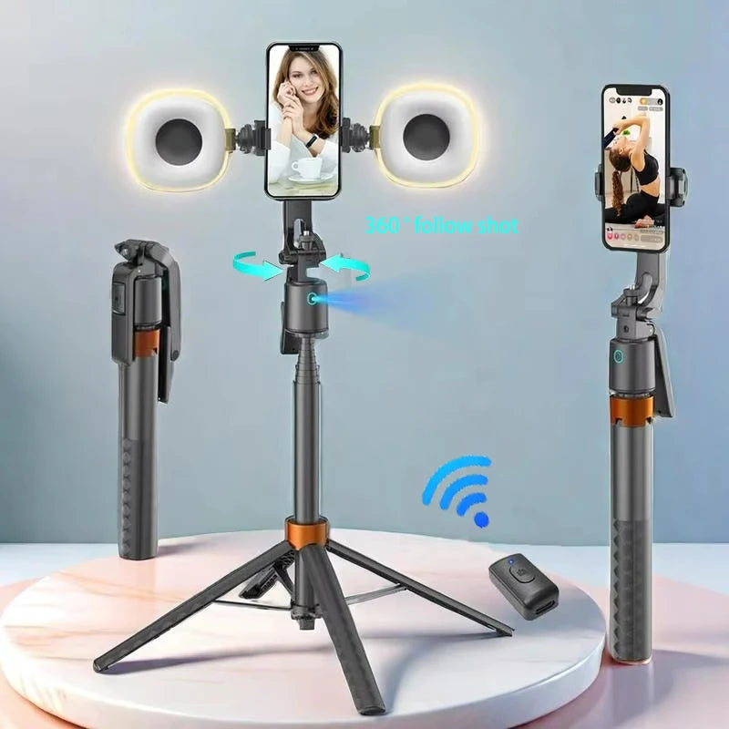 Kit Trépied AI 360° avec Suivi Facial Intelligent et Double Éclairage LED — Support Smartphone Rechargeable pour Vlog & Live